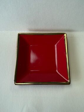 J. Crew Square Red Ceramic Jewelry Trinket Tray with Gold Trim